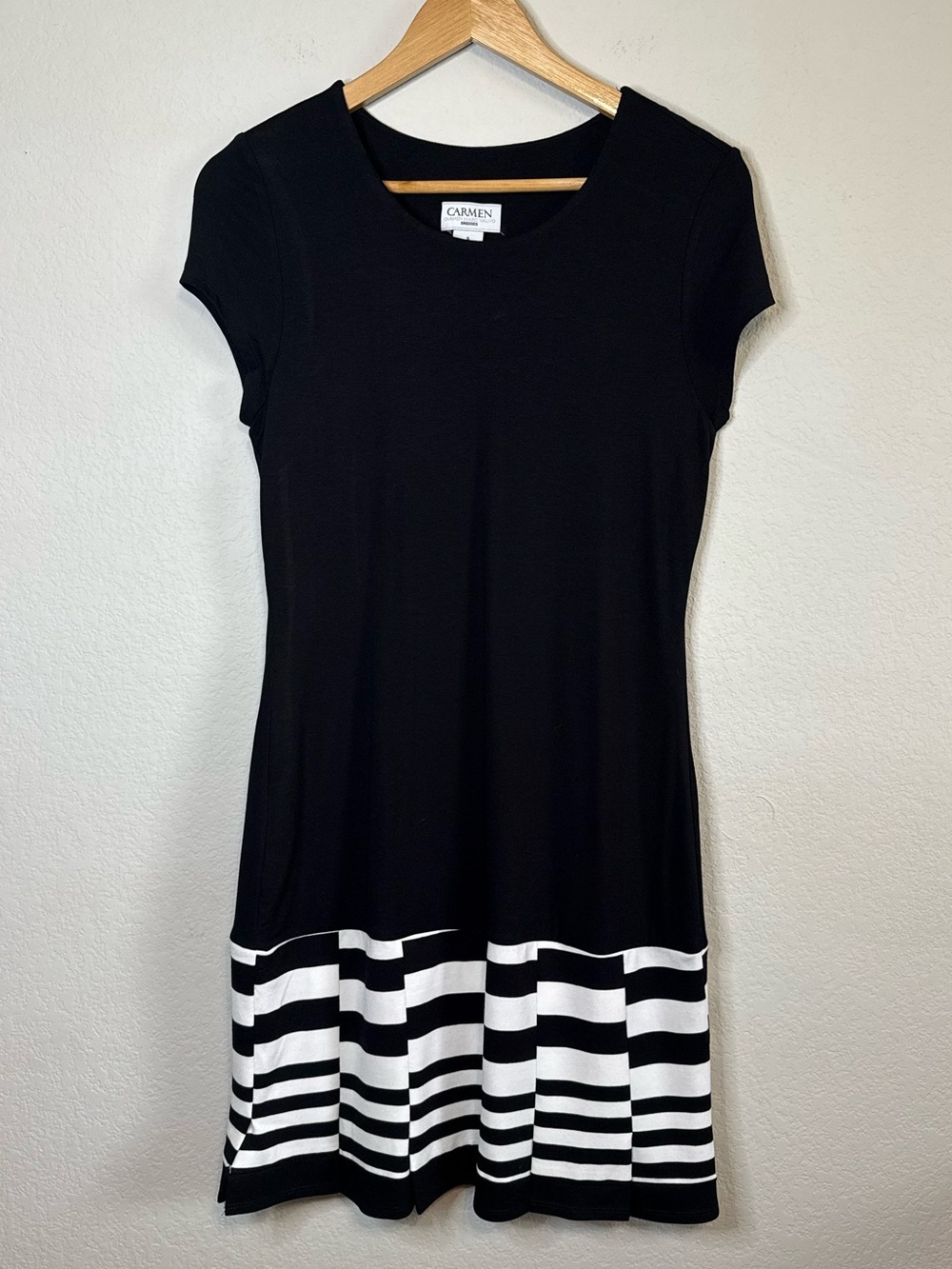 Carmen Marc Valvo Longline Retro Black White Slinky Dress Y2K Abstract Mini Sz S - Picture 2 of 12